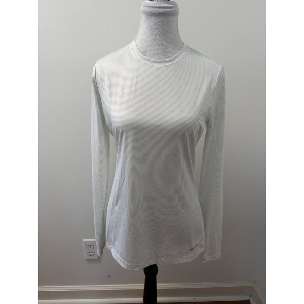 Nike Golf Dri-FIT Women Size M Long Sleeve Shirt White Gray Striped 685331-121